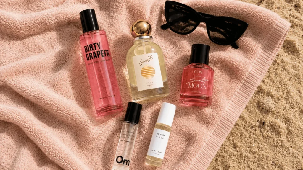 Five natural summer perfumes arranged on marble vanity