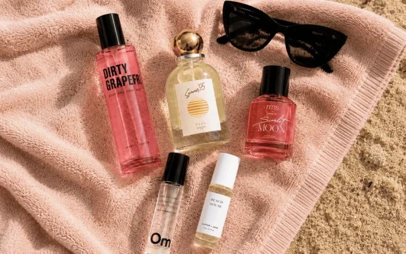 Five natural summer perfumes arranged on marble vanity