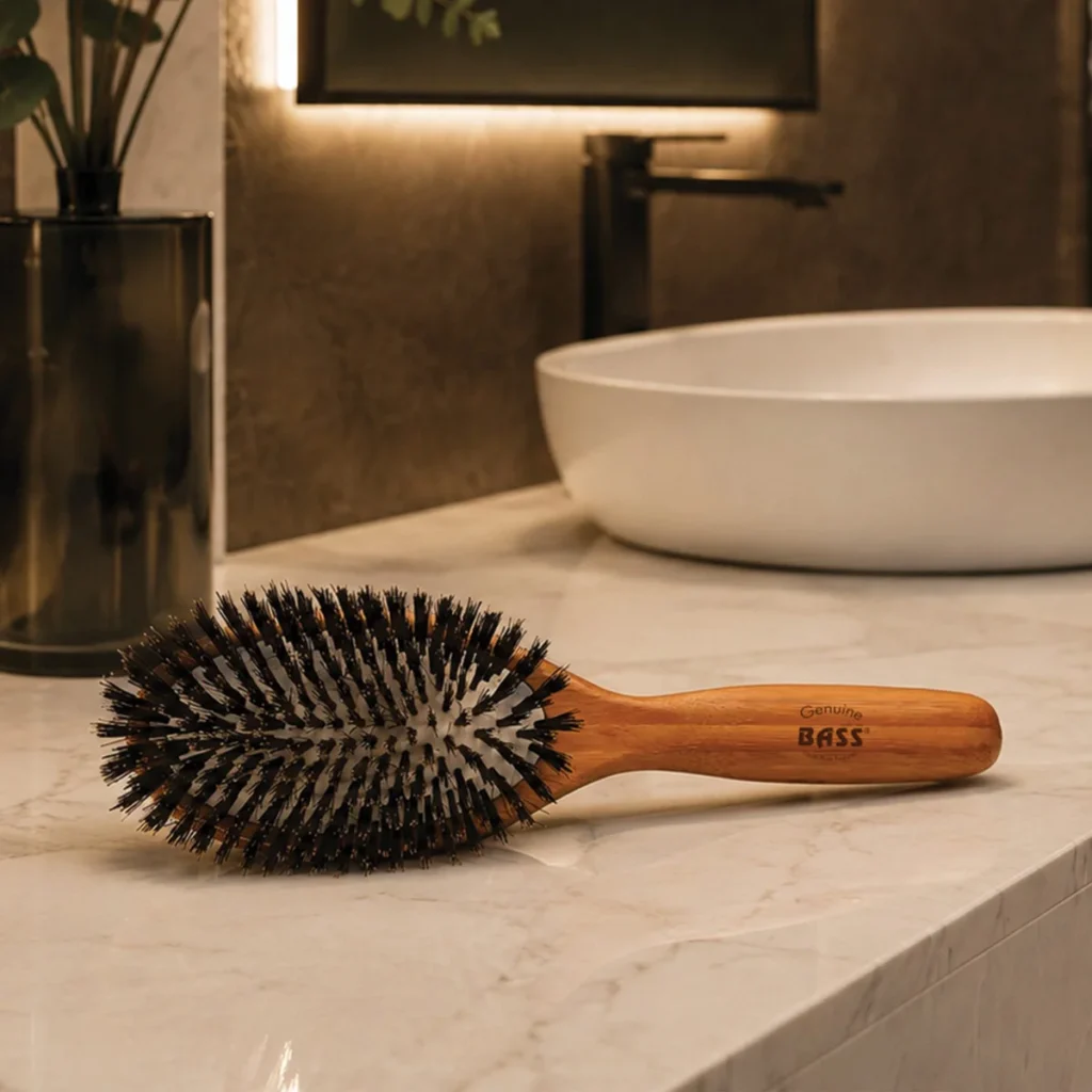 Close-up of boar bristle hairbrush with natural bristles