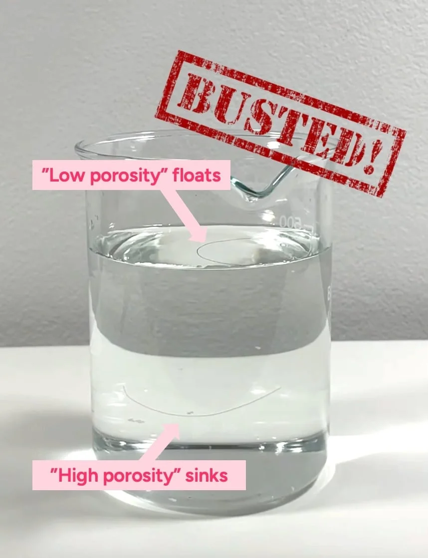 Hair strand float test in glass beaker with BUSTED stamp