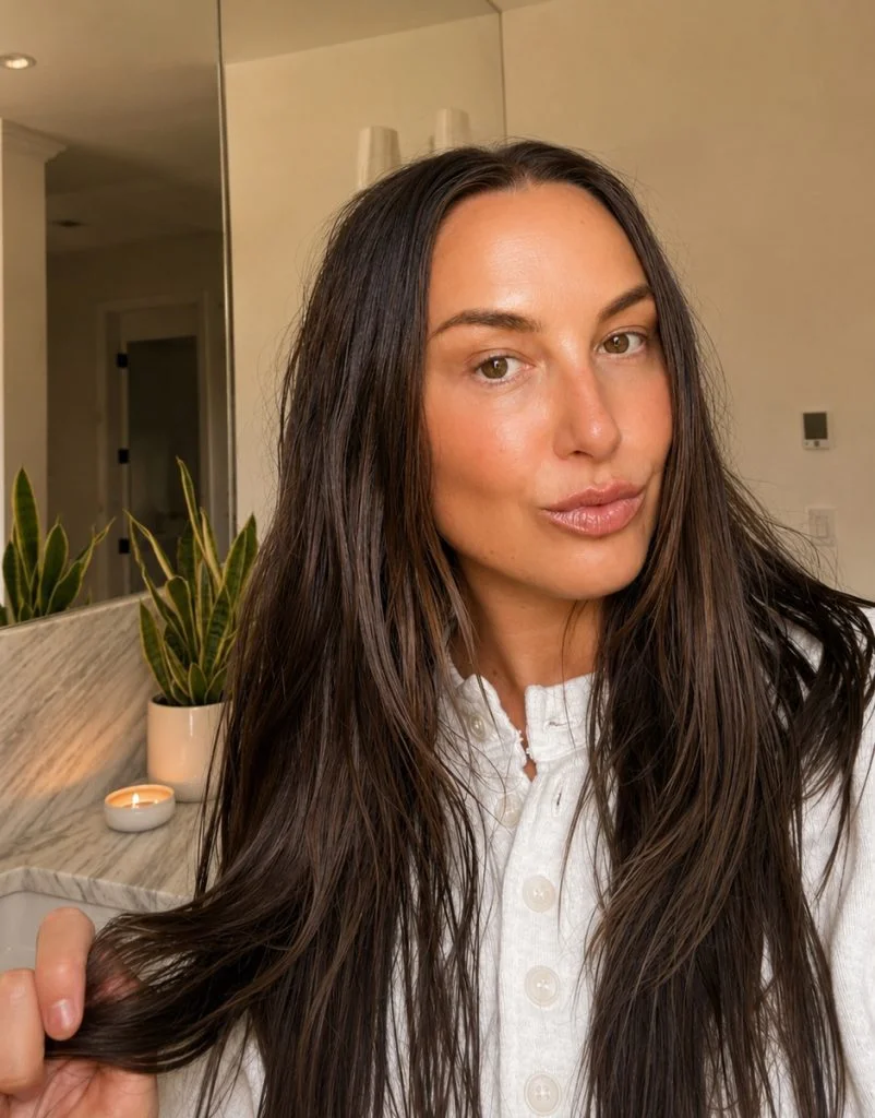 Woman with smooth shiny hair after leave-in treatment