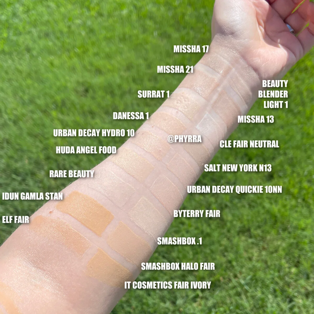Very fair foundation swatches in natural light