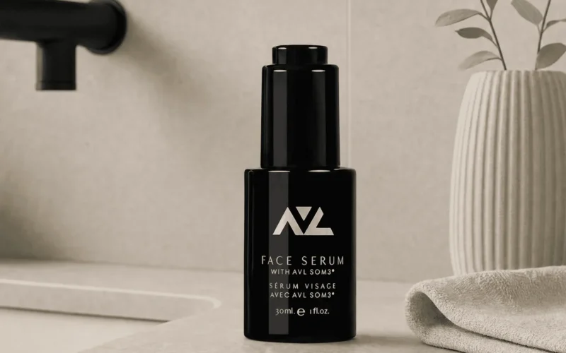 AVL Face Serum 30ml bottle on a bathroom counter