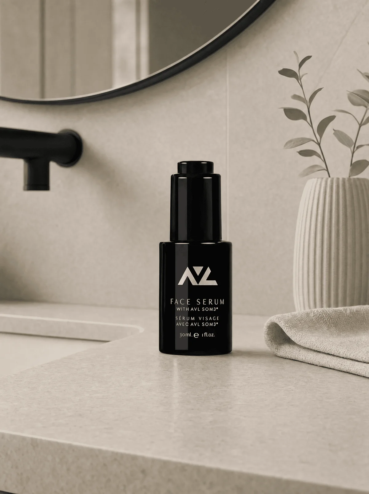 AVL Face Serum 30ml bottle on a bathroom counter
