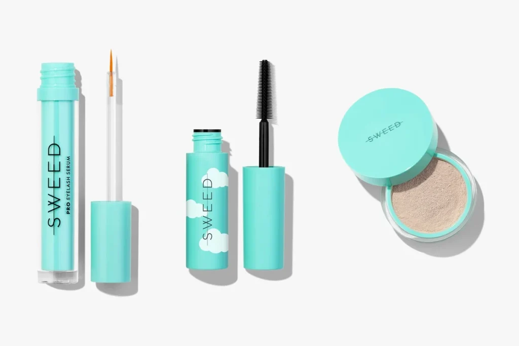 Sweed lash serum, mascara and powder on white background