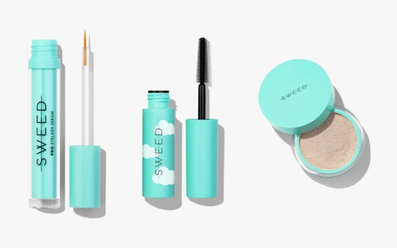 Sweed lash serum, mascara and powder on white background
