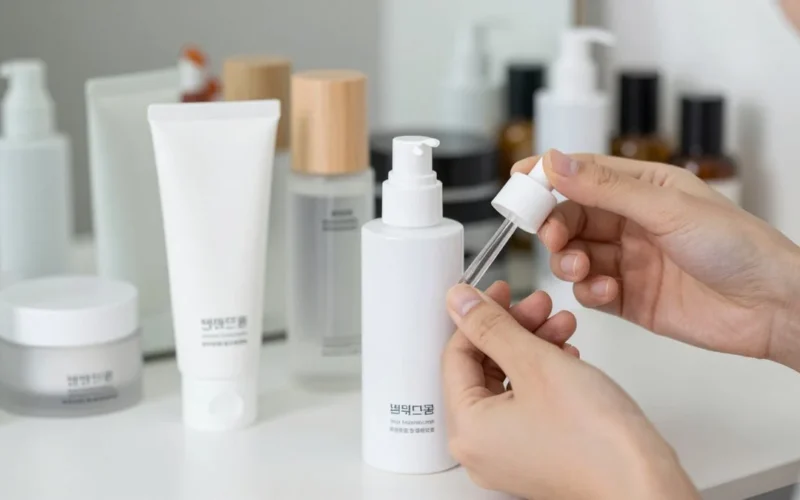 Flat lay of Korean collagen skincare products on a vanity