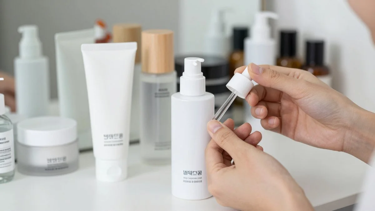 Flat lay of Korean collagen skincare products on a vanity
